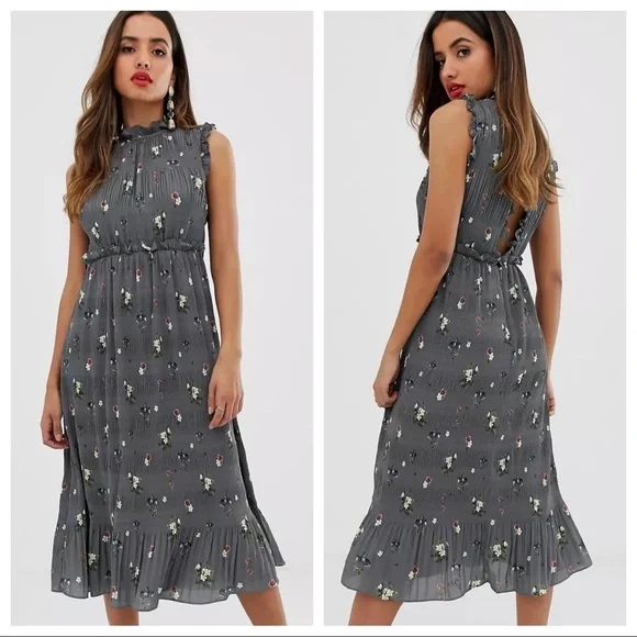 Ted Baker Gray Oracle Pleated Midi Dress Sz 2 or Small - Picture 3 of 10